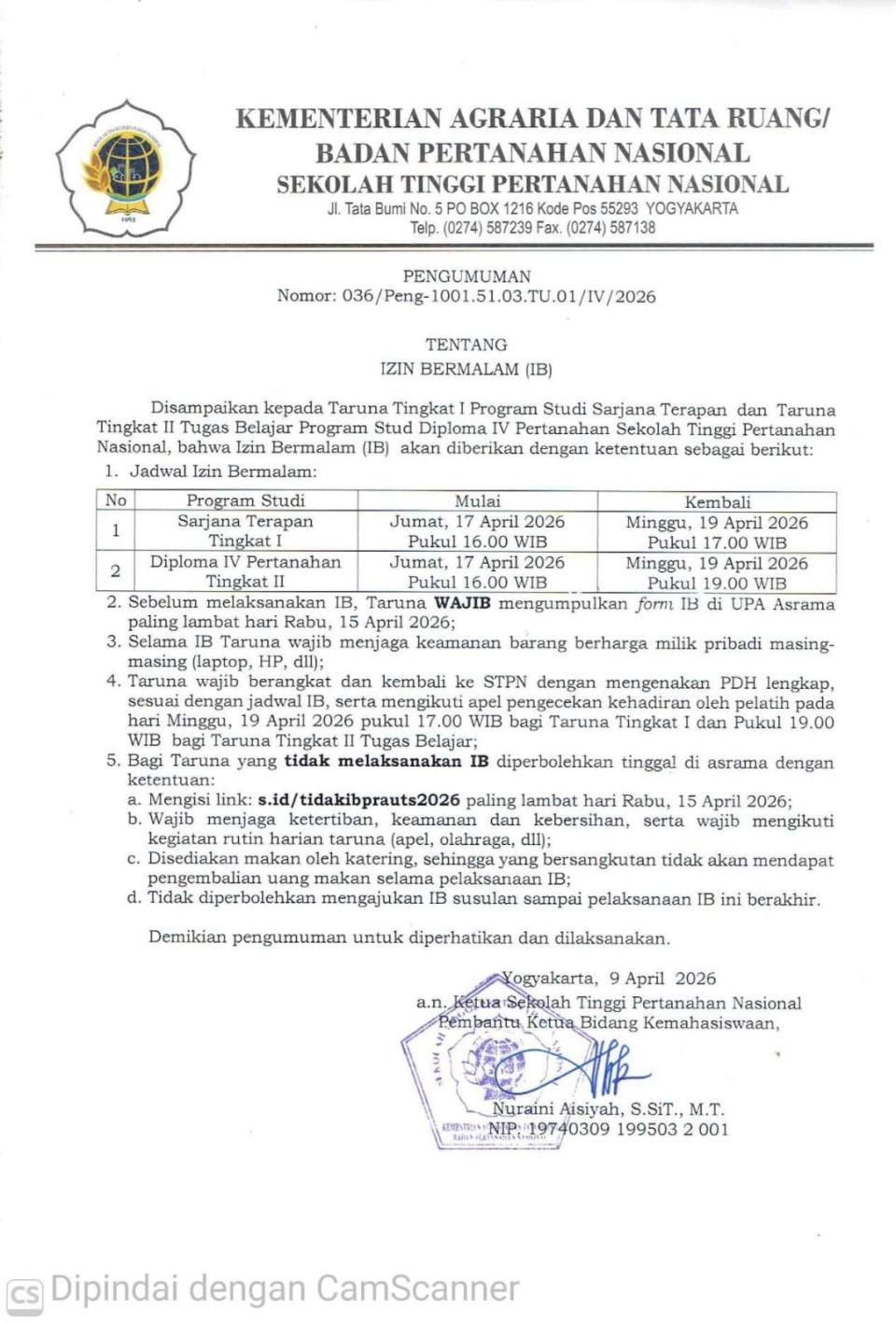 PENGUMUMAN IZIN BERMALAM