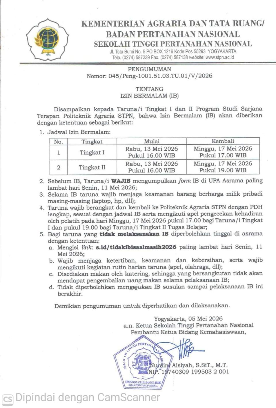 PENGUMUMAN IZIN BERMALAM 13 MEI 2026